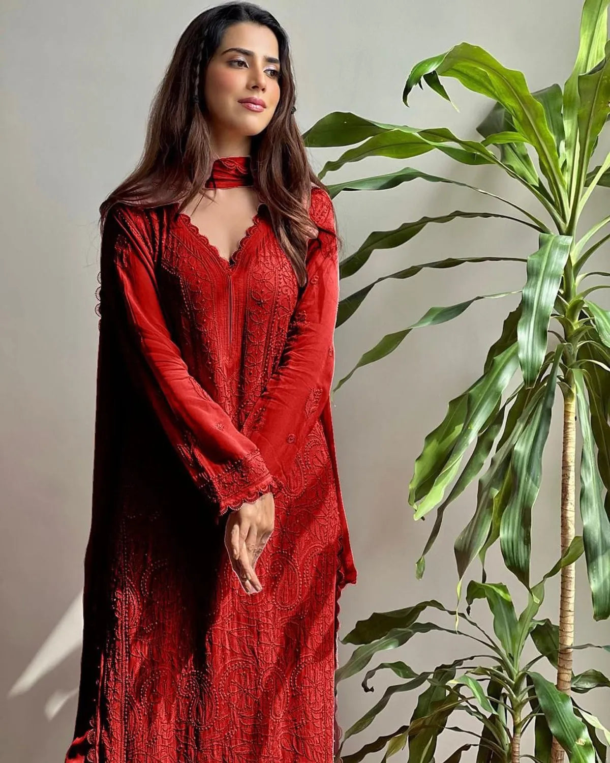 Red Georgette Chikankari Embroidery Kurta Pant Dupatta Set