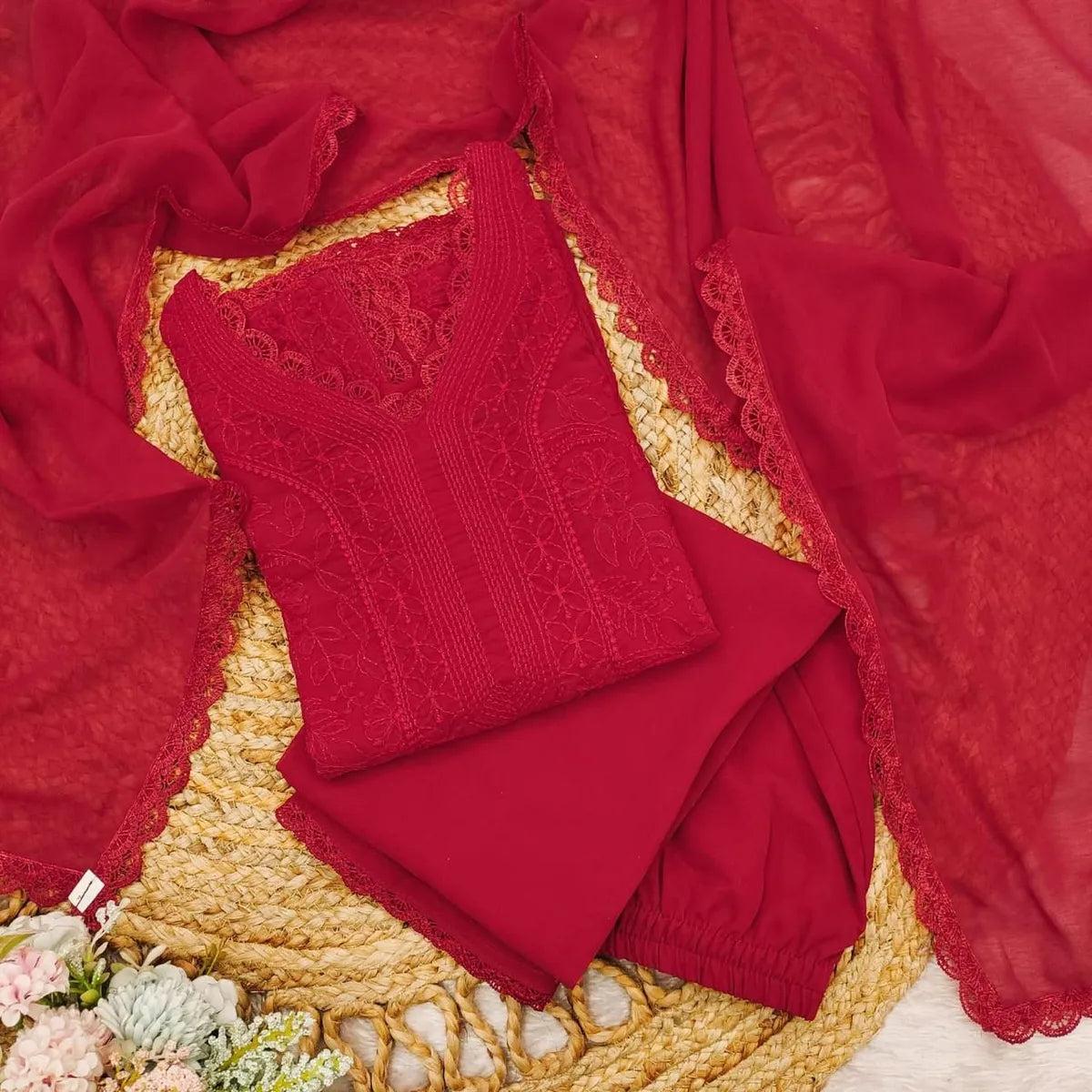 Red Georgette Chikankari Embroidery Kurta Pant Dupatta Set