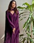 Wine Georgette Chikankari Embroidered Kurta Pant & Dupatta Set for Women | Elegant Ethnic Wear