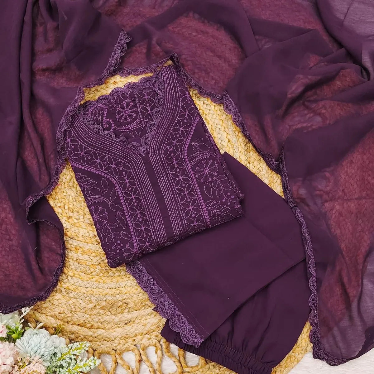 Wine Georgette Chikankari Embroidered Kurta Pant & Dupatta Set for Women | Elegant Ethnic Wear