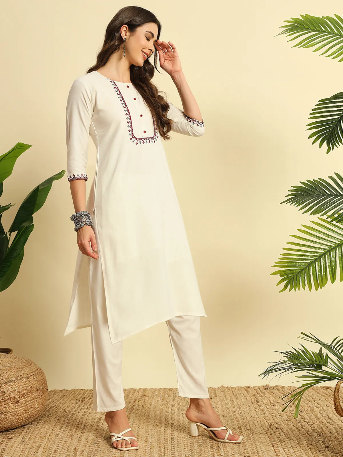 Ivory Khadi Cotton Thread Embroidered Kurta Set with Pant & Printed Dupatta