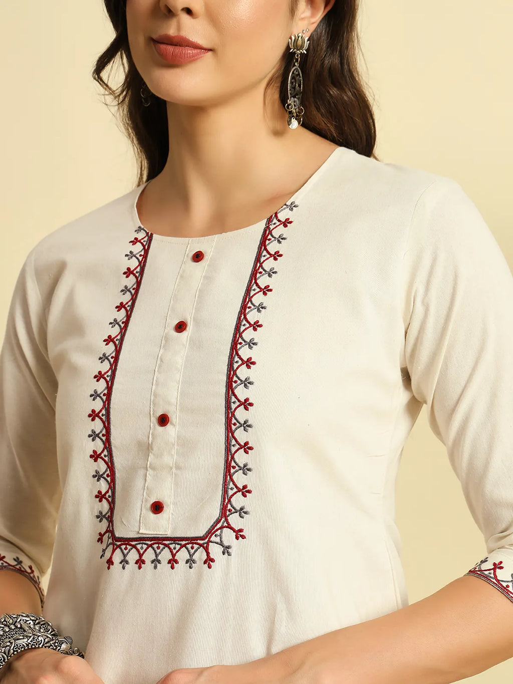 Ivory Khadi Cotton Thread Embroidered Kurta Set with Pant & Printed Dupatta