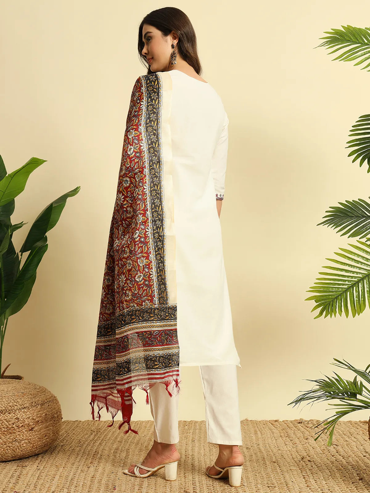 Ivory Khadi Cotton Thread Embroidered Kurta Set with Pant & Printed Dupatta