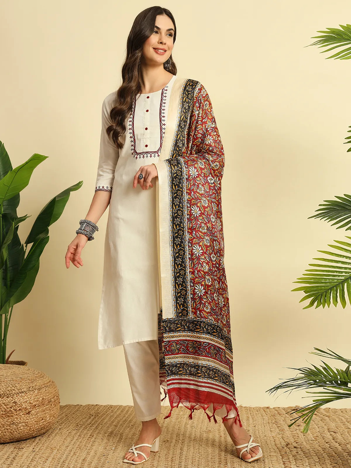 Ivory Khadi Cotton Thread Embroidered Kurta Set with Pant & Printed Dupatta