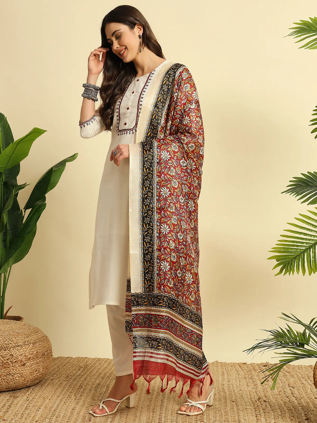 Ivory Khadi Cotton Thread Embroidered Kurta Set with Pant & Printed Dupatta