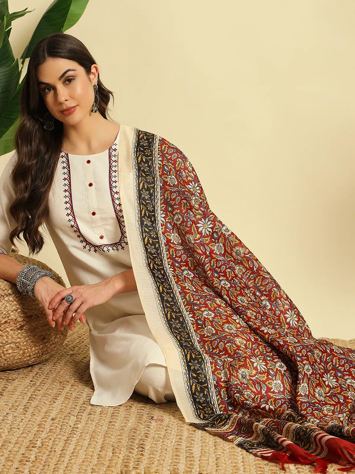 Ivory Khadi Cotton Thread Embroidered Kurta Set with Pant & Printed Dupatta