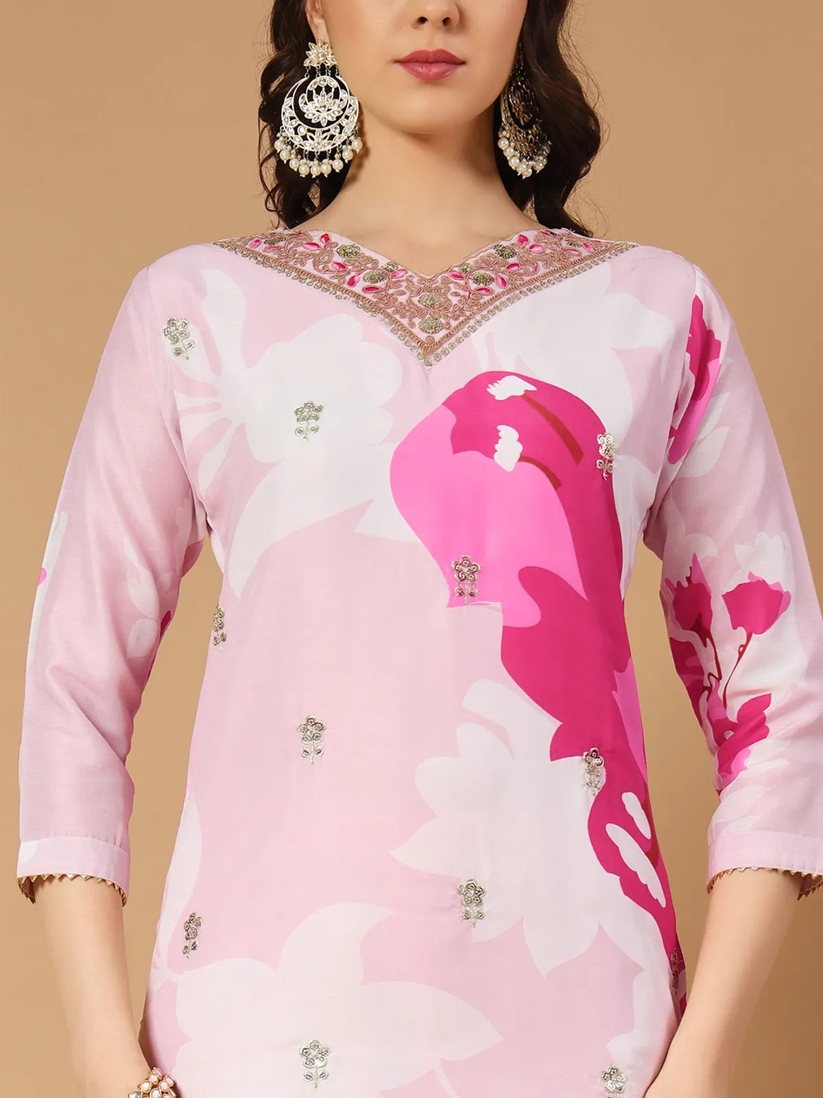 Blush Pink Muslin Floral Digital Print Kurta Set with Pant & Organza Dupatta