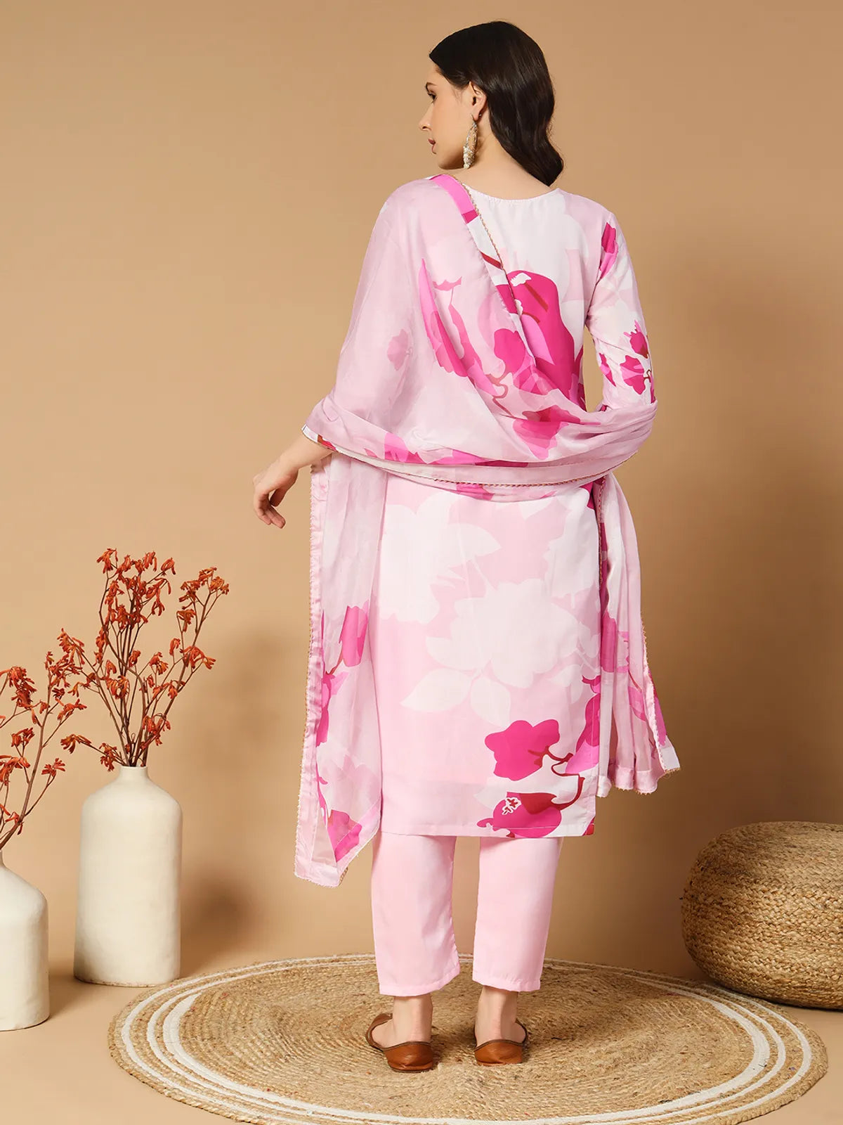 Blush Pink Muslin Floral Digital Print Kurta Set with Pant & Organza Dupatta