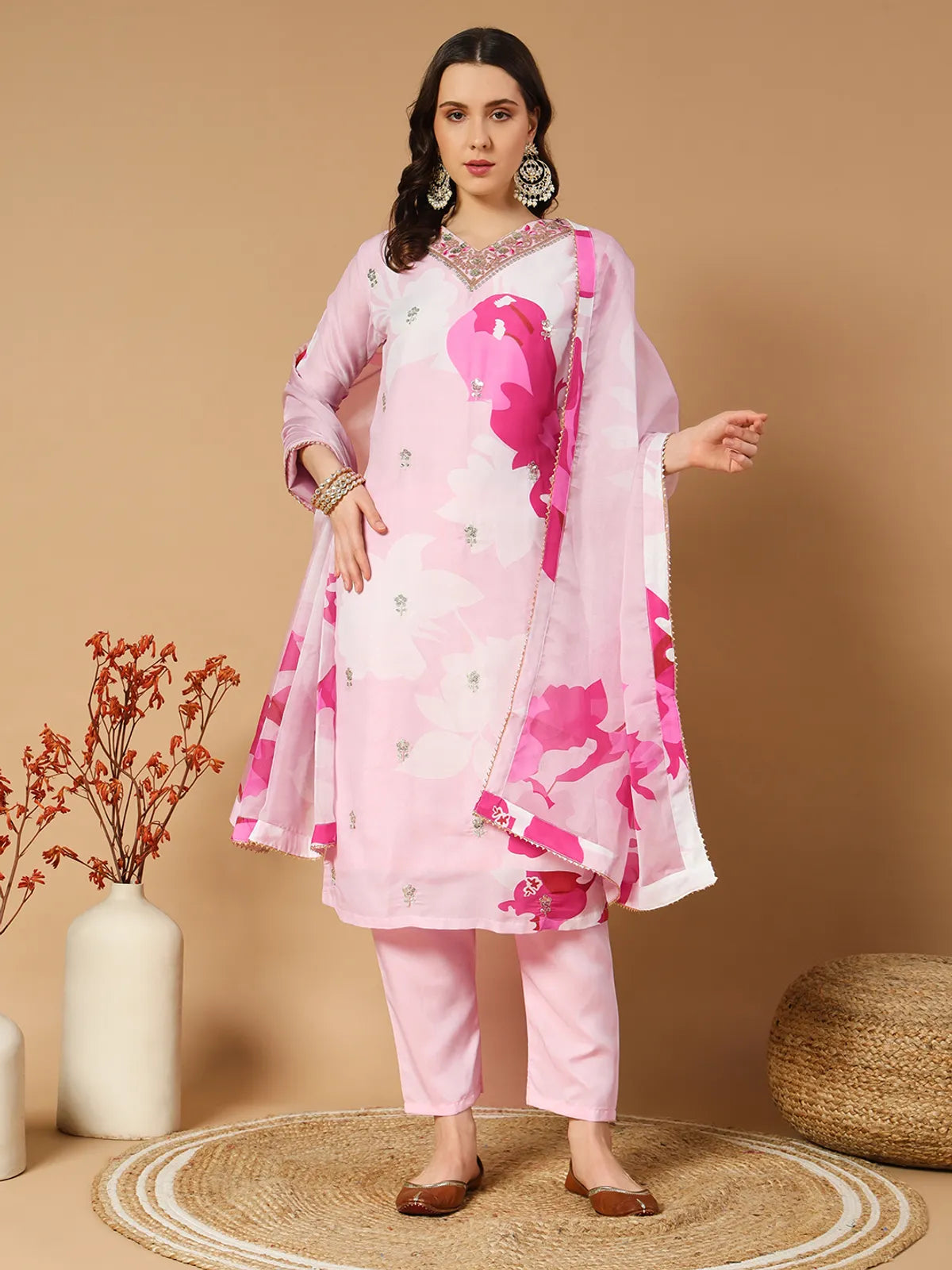 Blush Pink Muslin Floral Digital Print Kurta Set with Pant & Organza Dupatta
