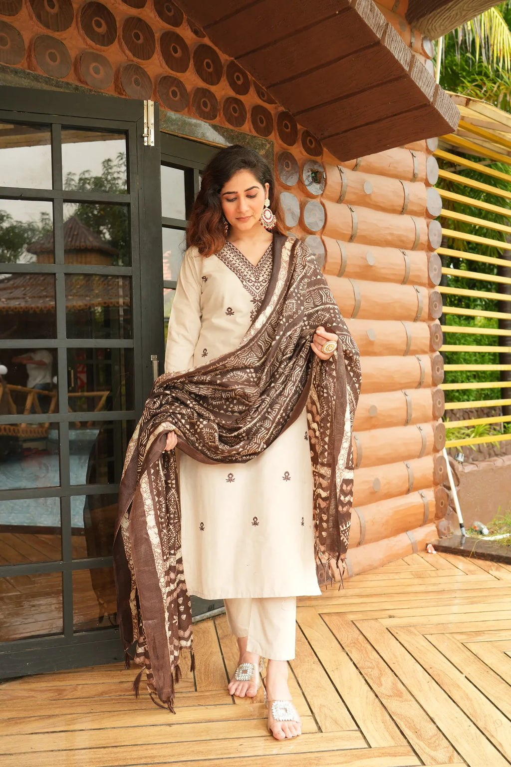 Beige Khadi Cotton Thread Embroidered Kurta Set with Pant & Printed Dupatta
