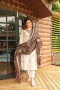 Beige Khadi Cotton Thread Embroidered Kurta Set with Pant & Printed Dupatta