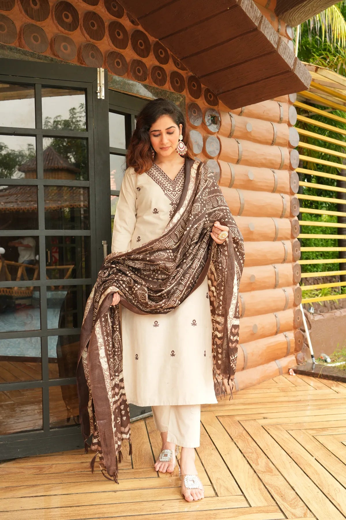 Beige Khadi Cotton Thread Embroidered Kurta Set with Pant & Printed Dupatta