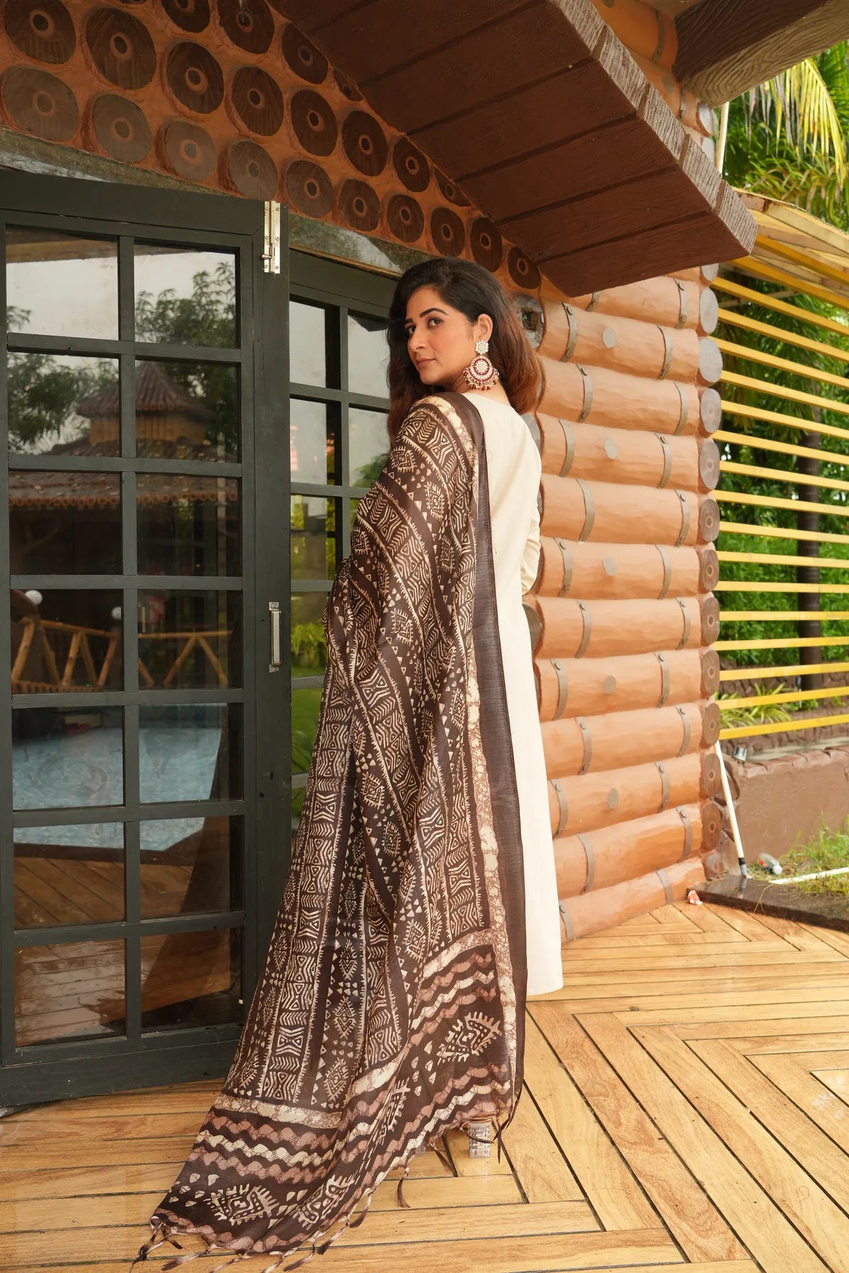 Beige Khadi Cotton Thread Embroidered Kurta Set with Pant & Printed Dupatta
