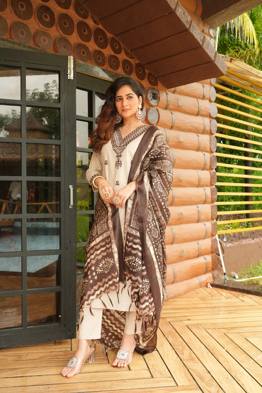 Beige Khadi Cotton Thread Embroidered Kurta Set with Pant & Printed Dupatta