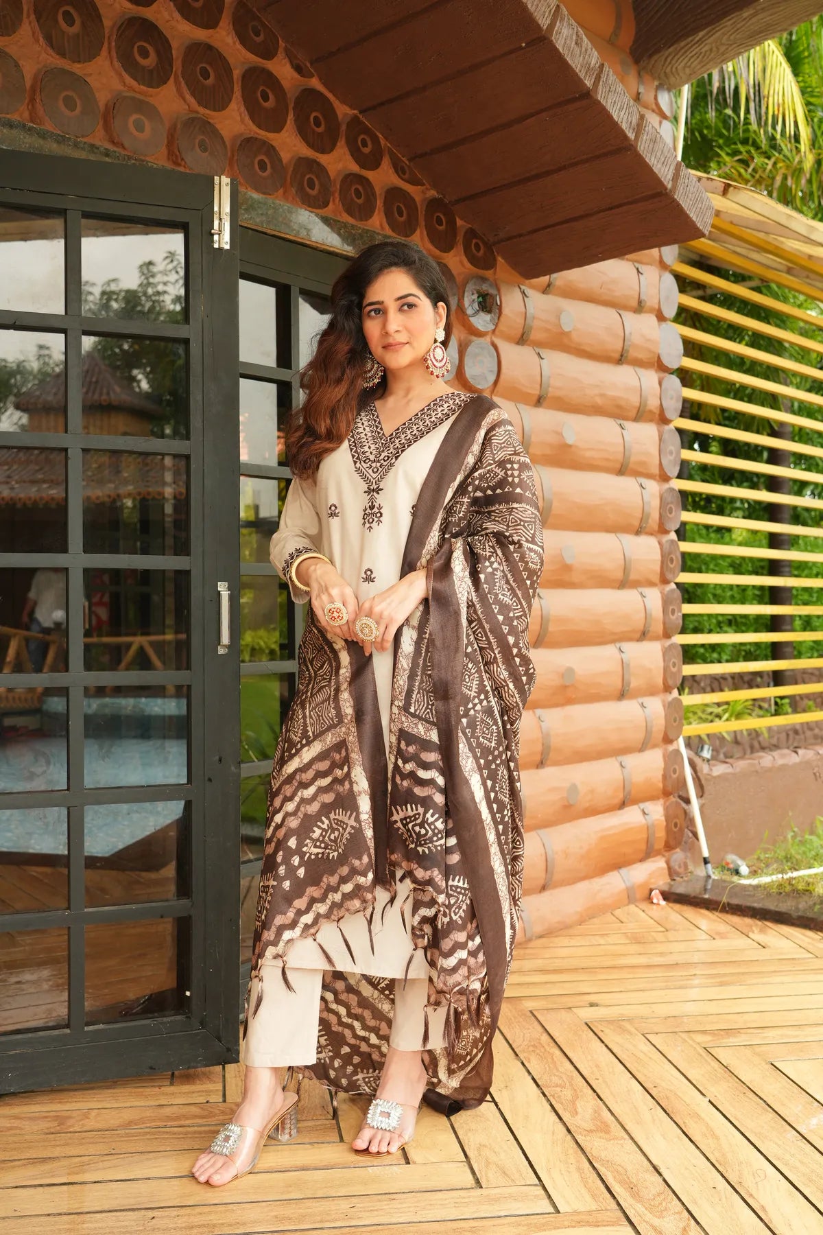 Beige Khadi Cotton Thread Embroidered Kurta Set with Pant & Printed Dupatta