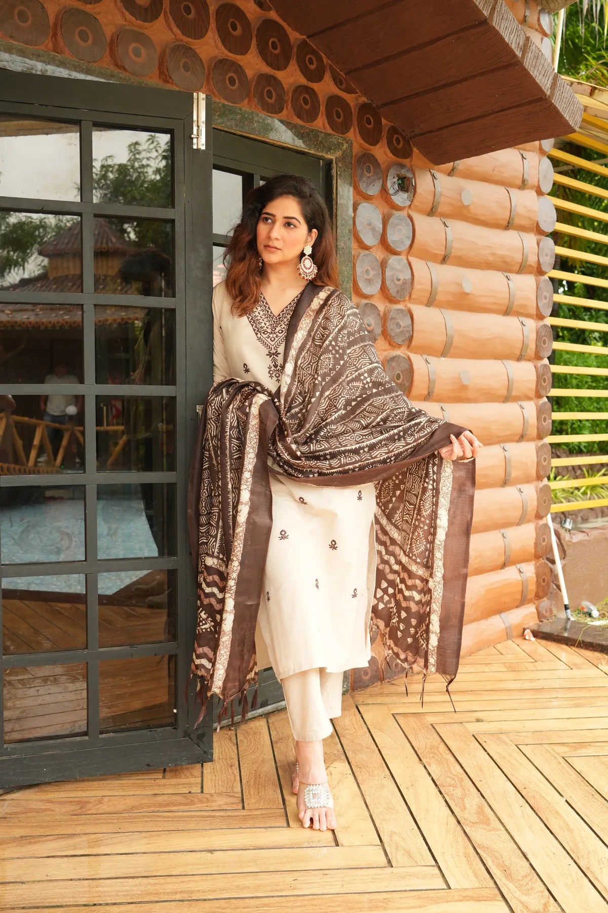Beige Khadi Cotton Thread Embroidered Kurta Set with Pant & Printed Dupatta