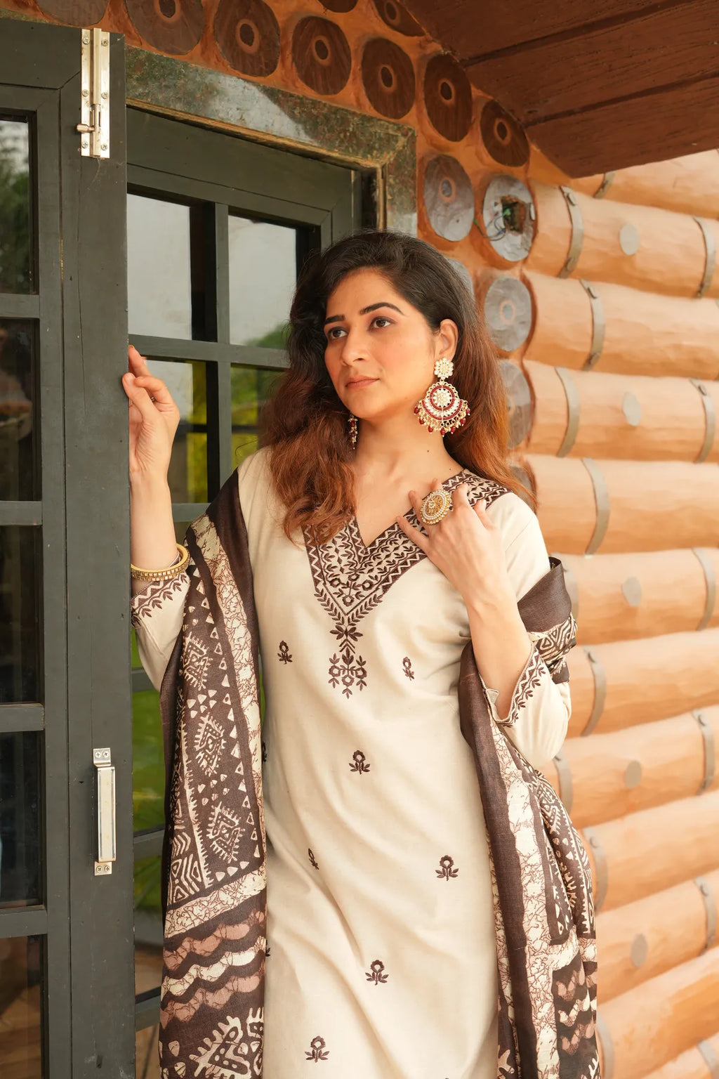 Beige Khadi Cotton Thread Embroidered Kurta Set with Pant & Printed Dupatta
