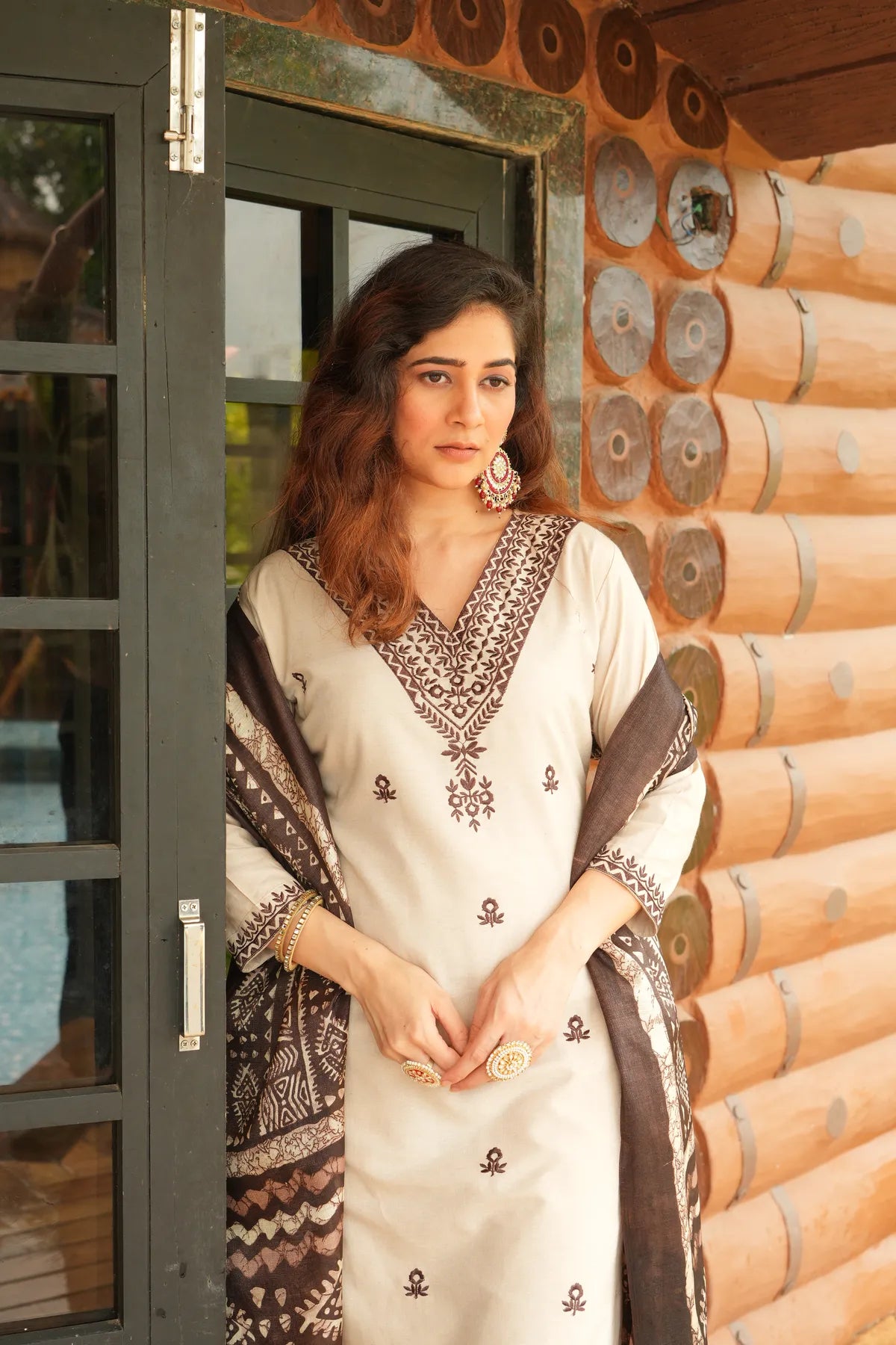 Beige Khadi Cotton Thread Embroidered Kurta Set with Pant & Printed Dupatta