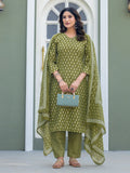 Mehendi Green Printed Cotton Blend Kurta Pant & Dupatta Set