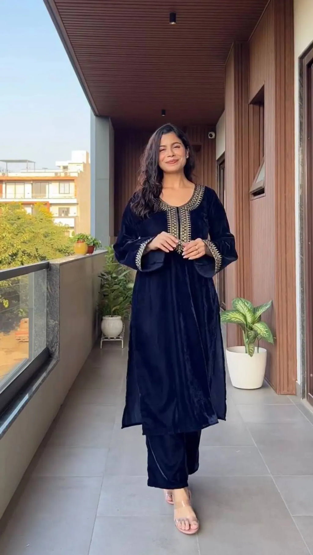 Midnight Blue Velvet Embroidered Kurta Set with Dupatta for Women
