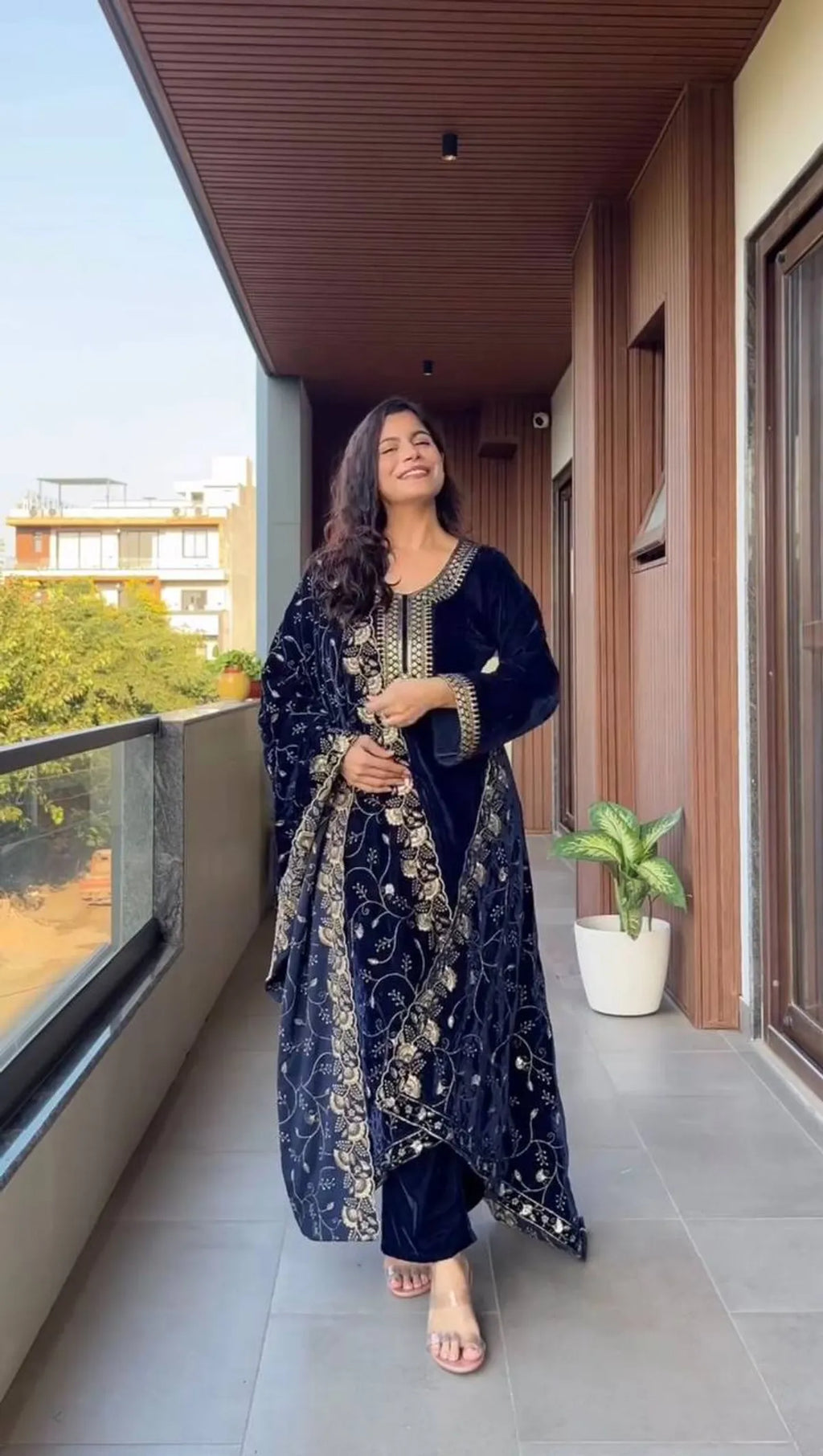 Midnight Blue Velvet Embroidered Kurta Set with Dupatta for Women
