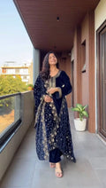 Midnight Blue Velvet Embroidered Kurta Set with Dupatta for Women