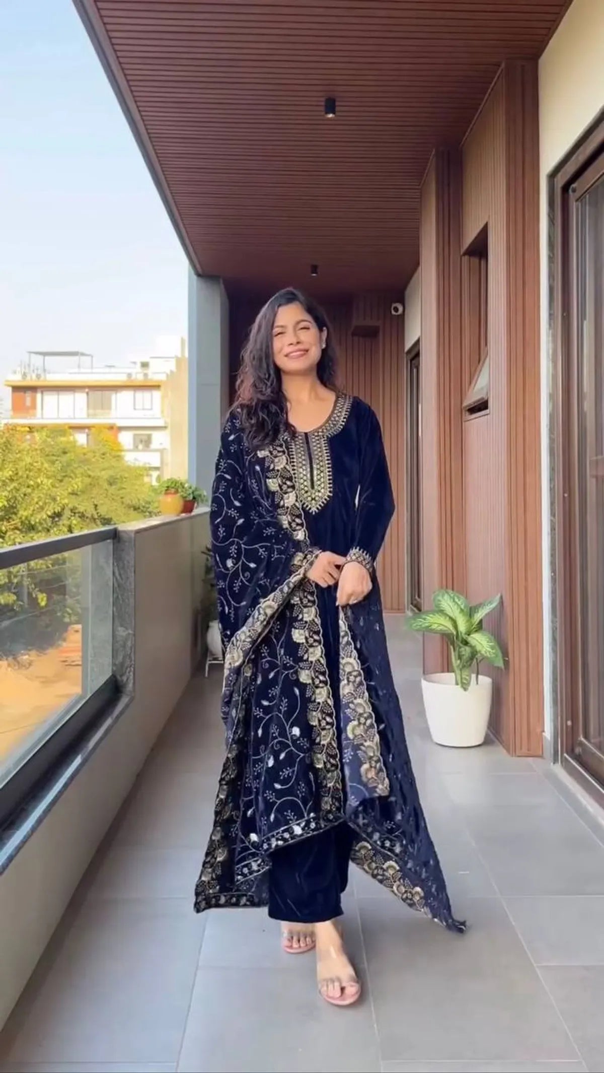 Midnight Blue Velvet Embroidered Kurta Set with Dupatta for Women