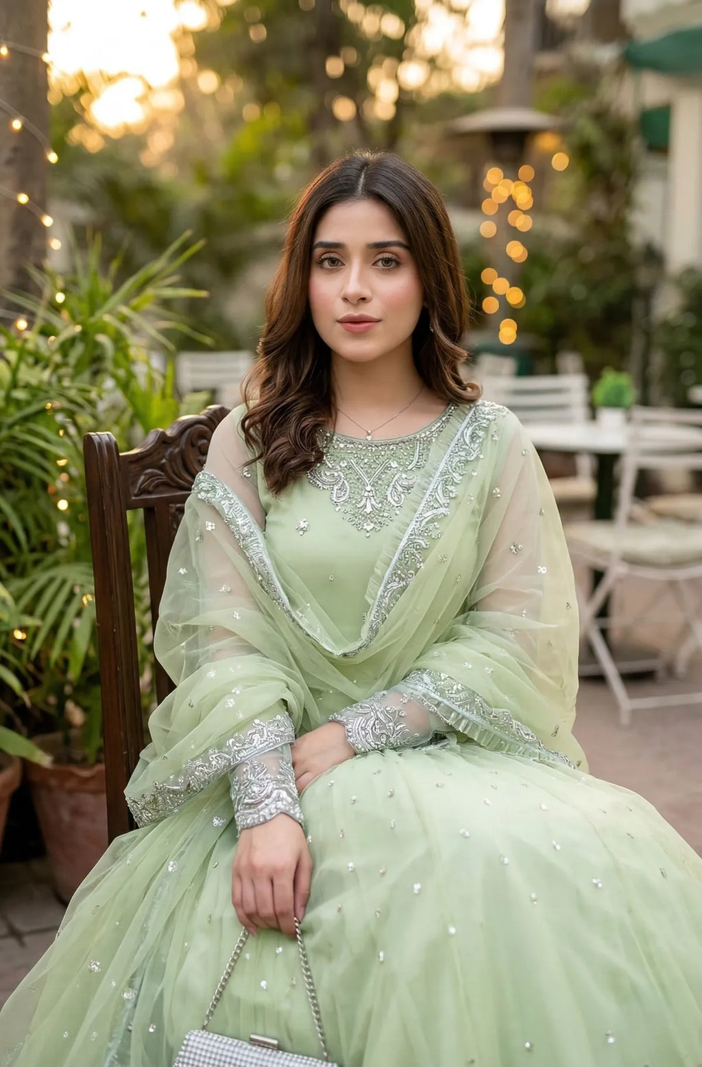 Mint Green Sequins Embroidered Gown Lehenga Set