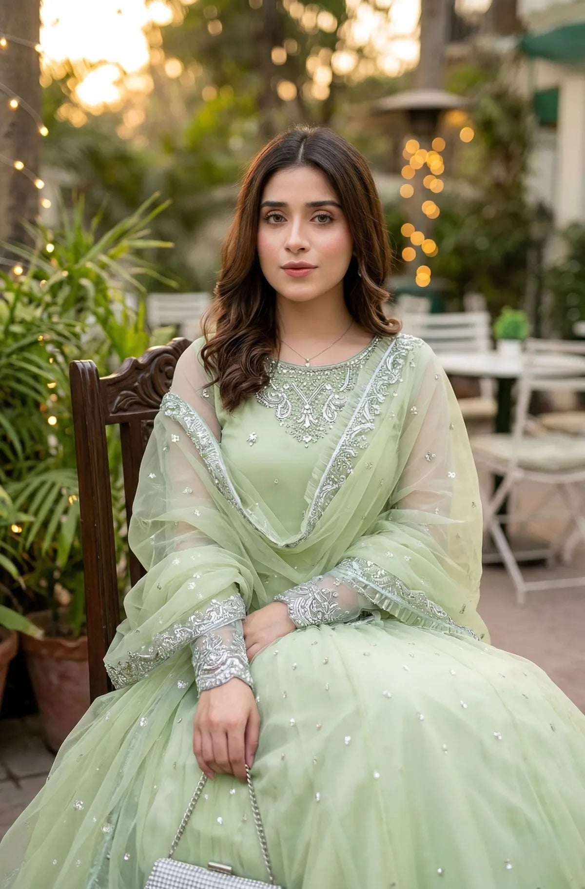 Mint Green Sequins Embroidered Gown Lehenga Set