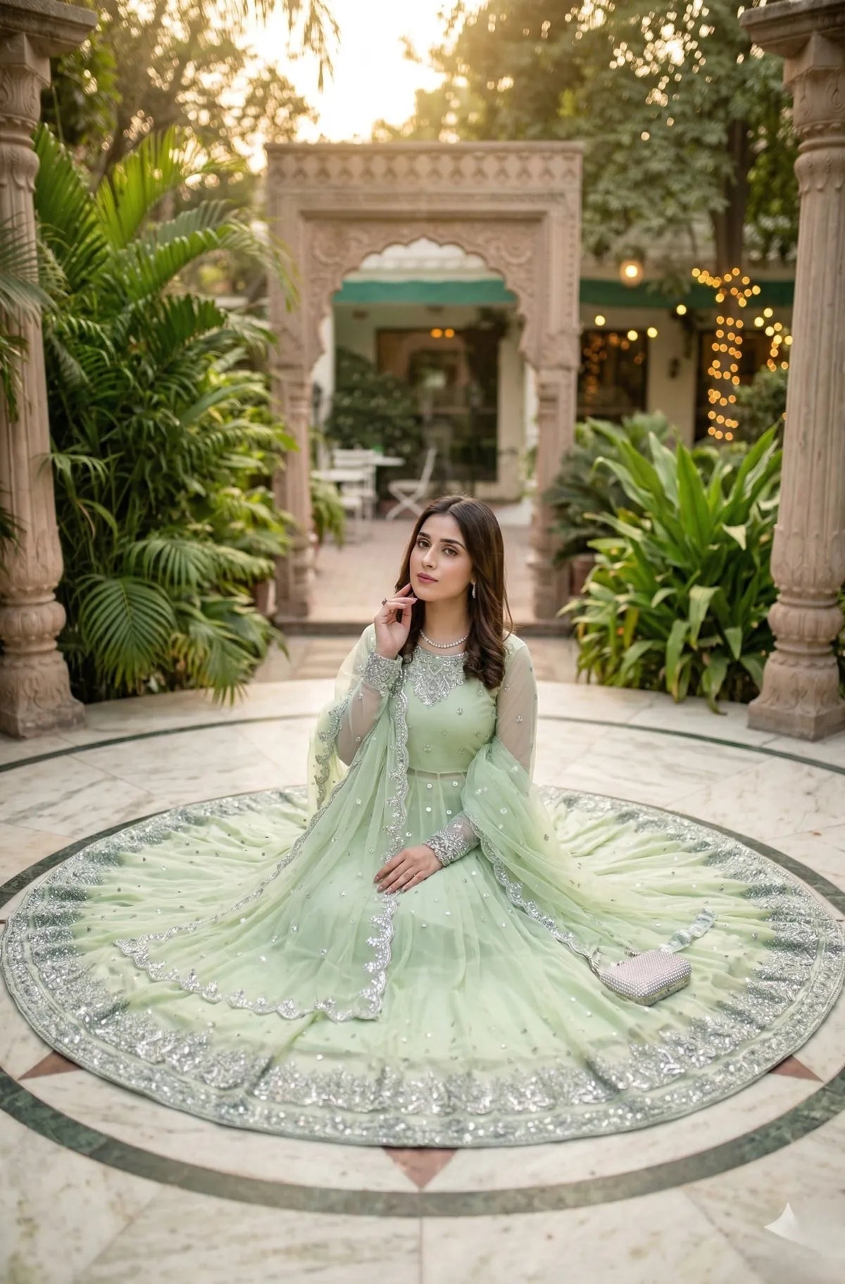 Mint Green Sequins Embroidered Gown Lehenga Set