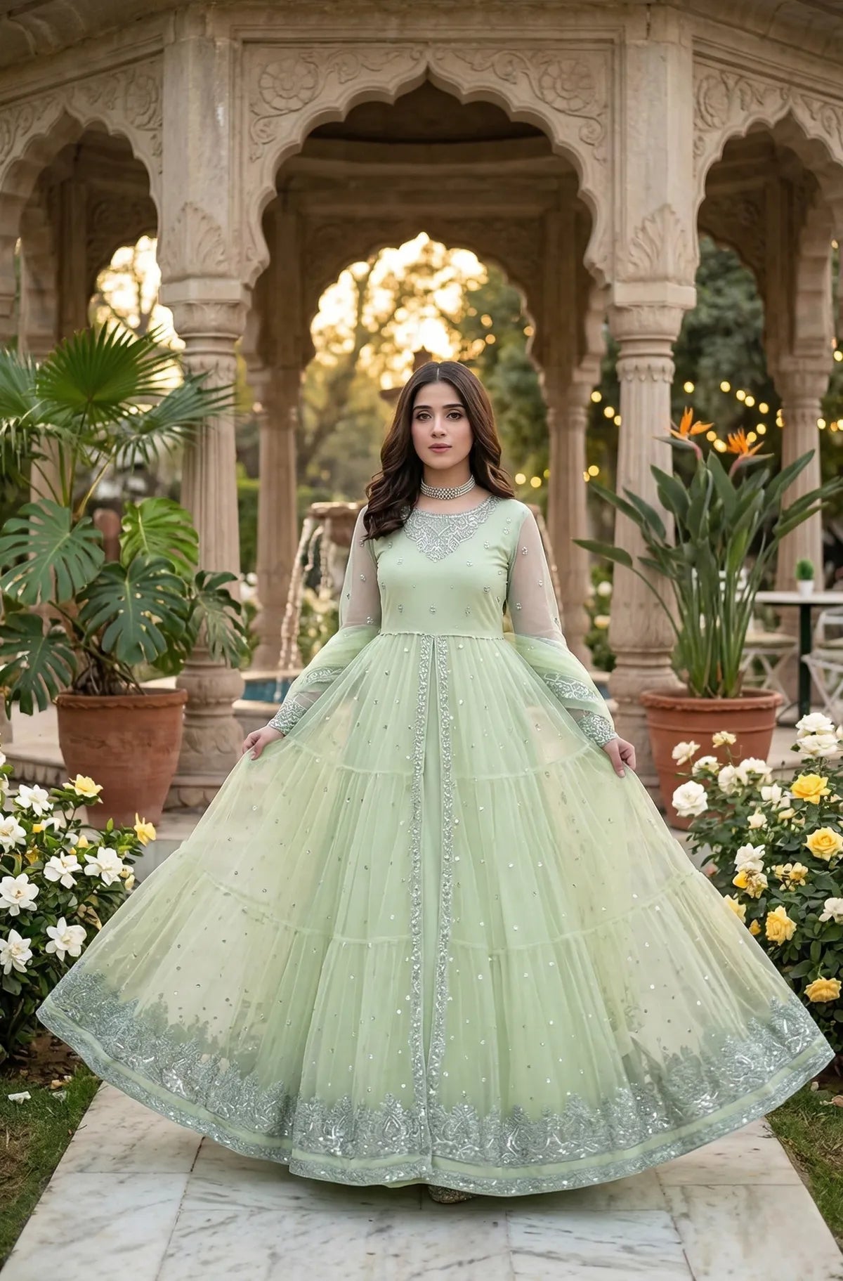 Mint Green Sequins Embroidered Gown Lehenga Set