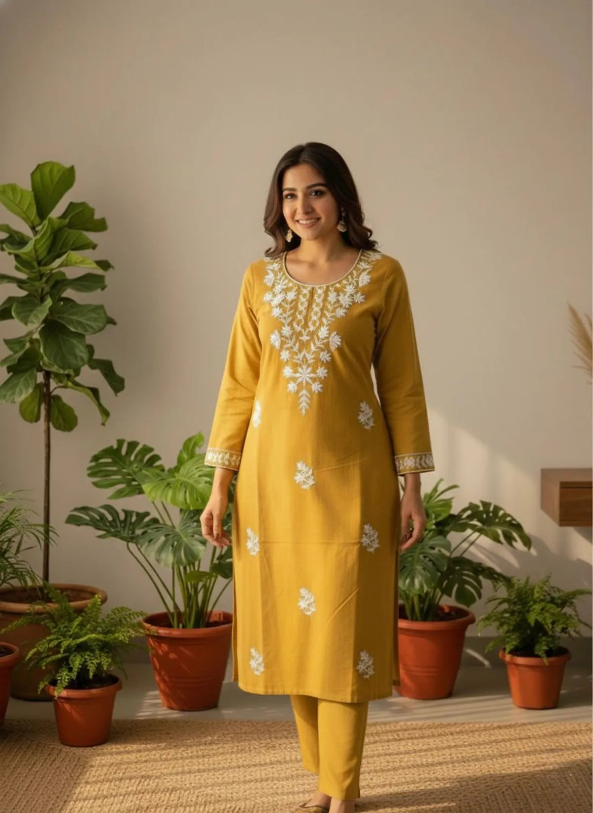 Mustard Khadi Cotton Embroidered Kurta Pant Set for Women