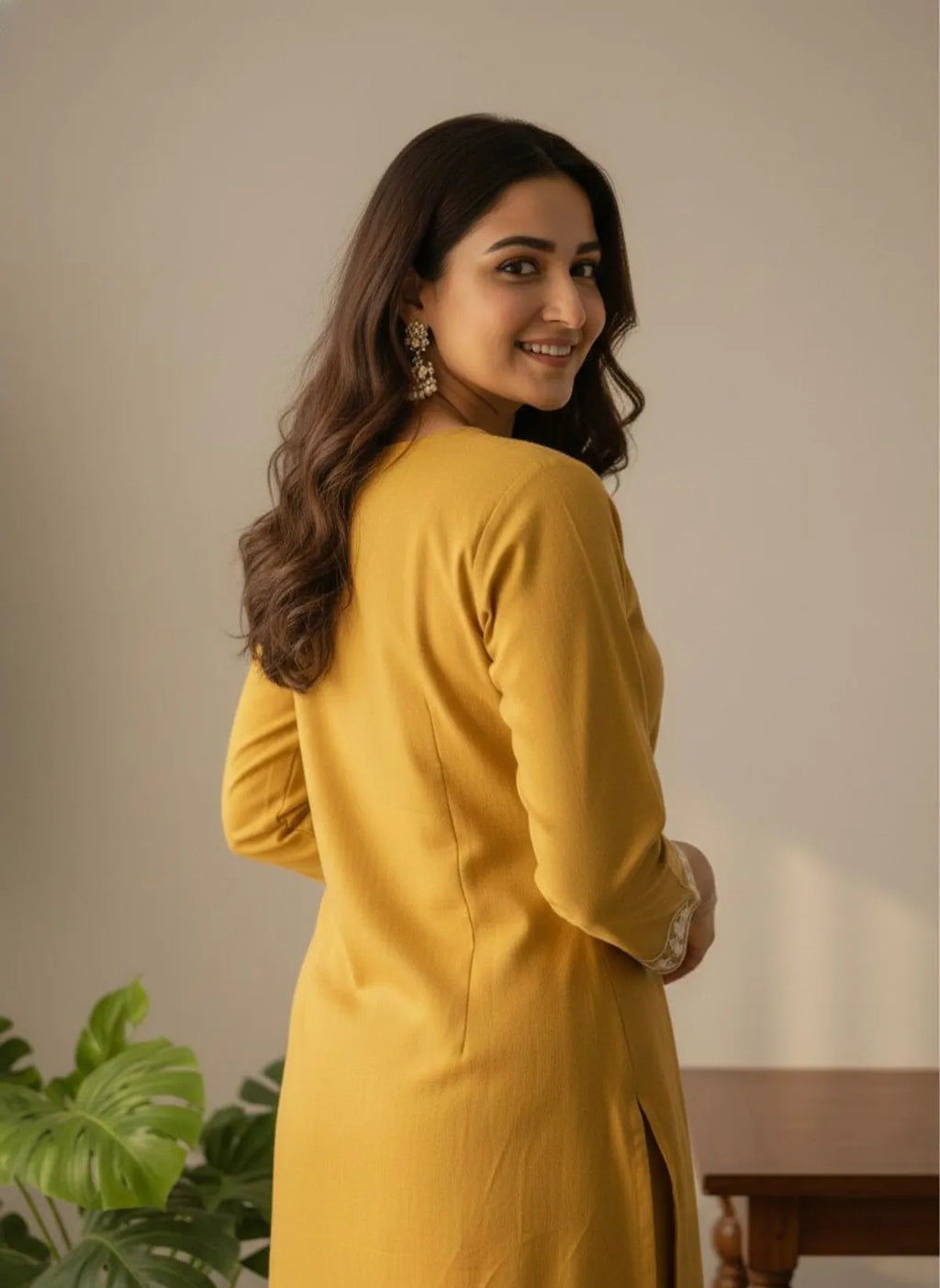 Mustard Khadi Cotton Embroidered Kurta Pant Set for Women
