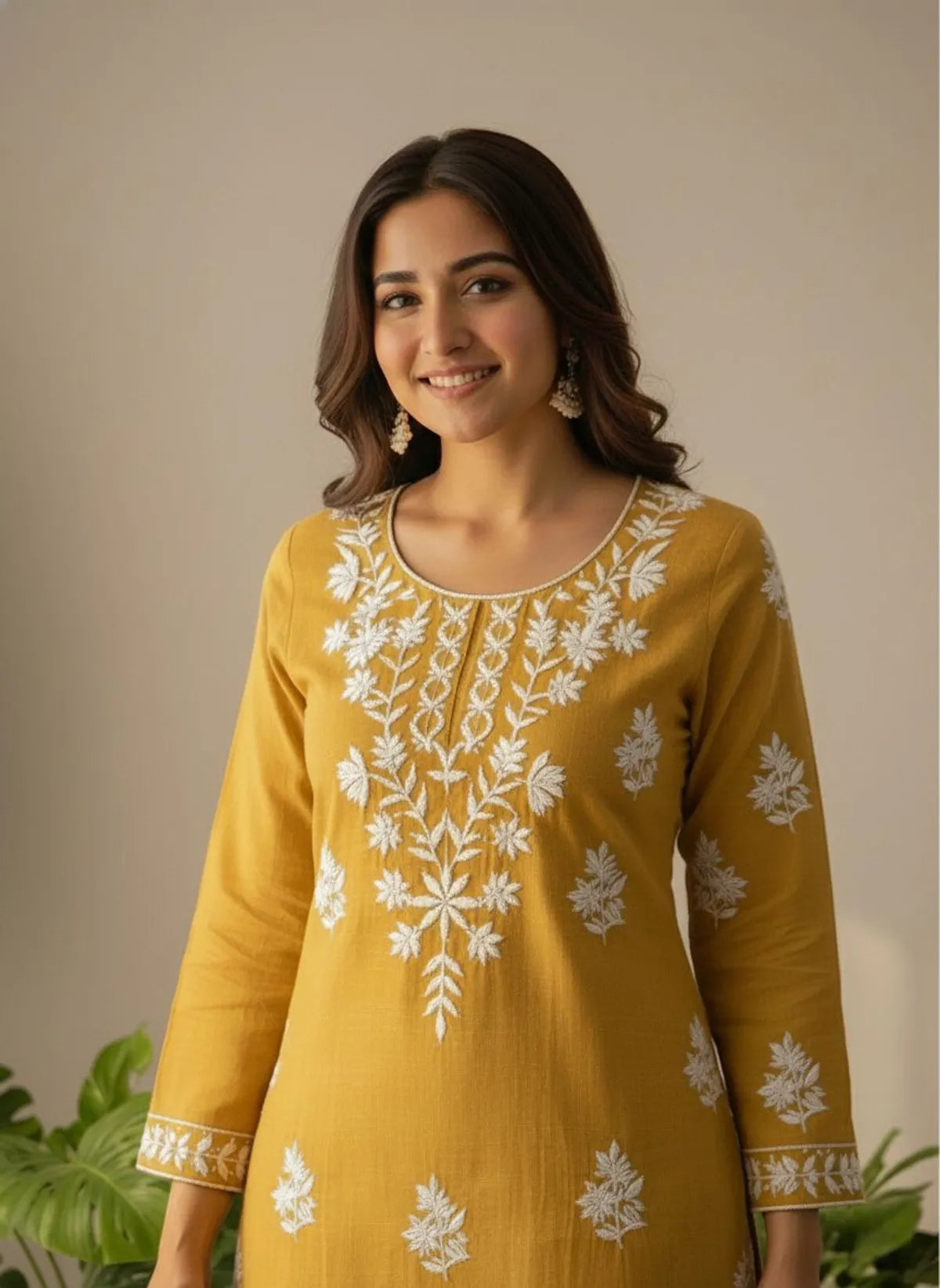 Mustard Khadi Cotton Embroidered Kurta Pant Set for Women
