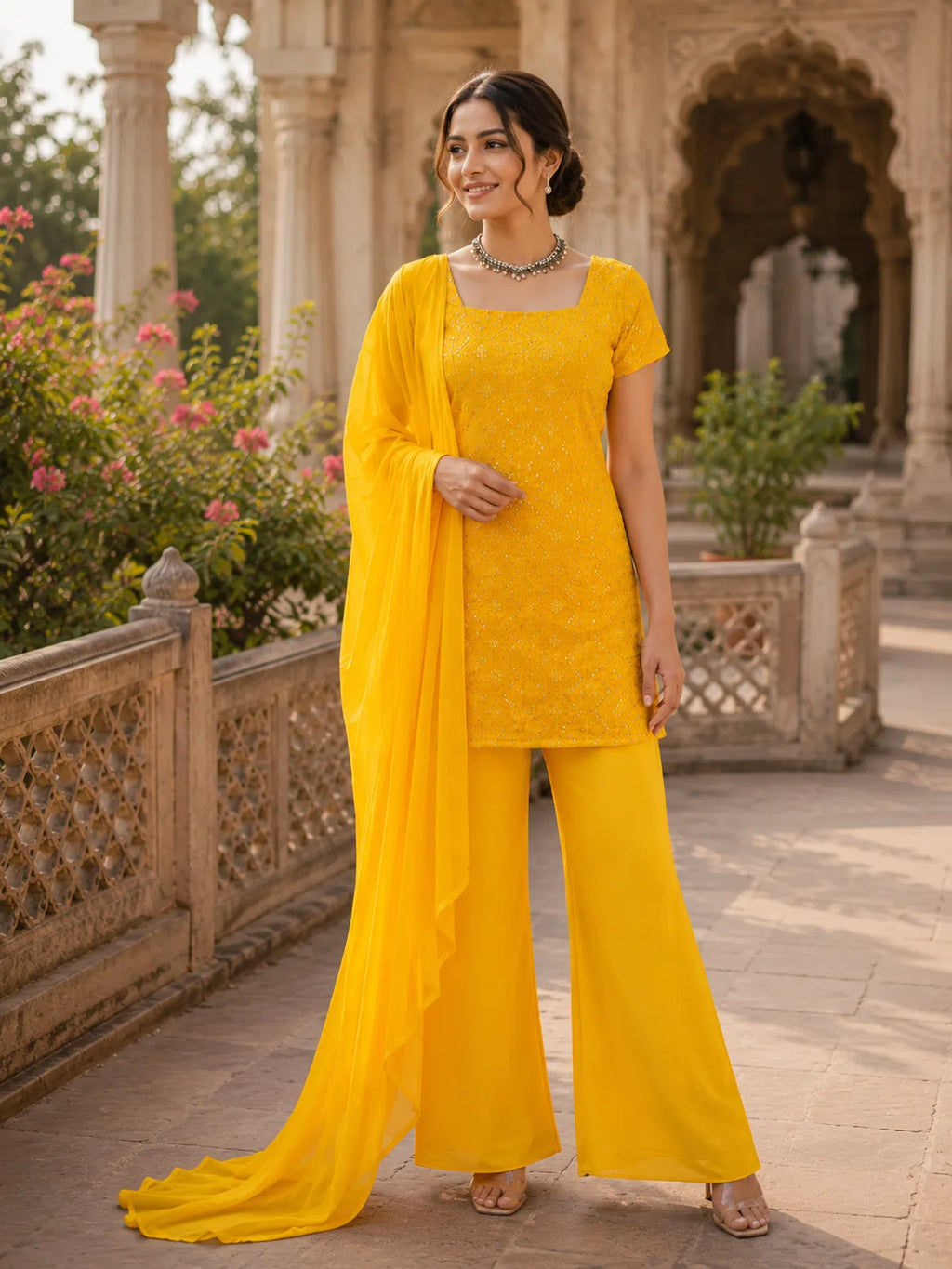 Designer Faux Georgette Boot Cut Suit Set with Dupatta