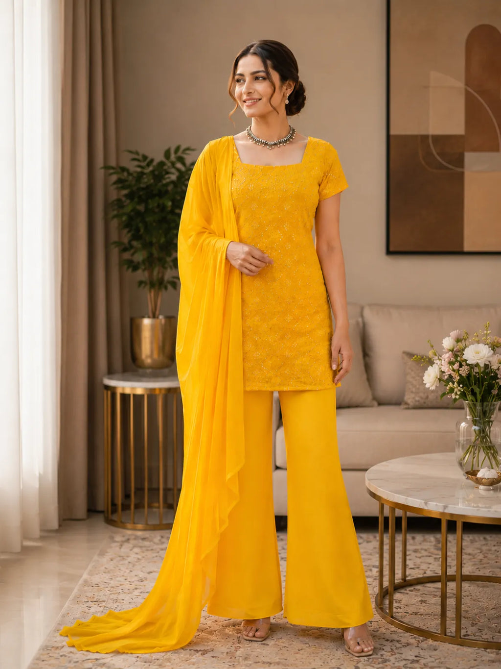 Designer Faux Georgette Boot Cut Suit Set with Dupatta
