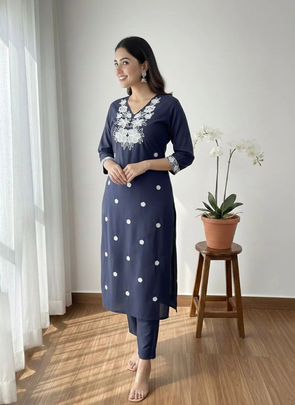 Mustard Khadi Cotton Embroidered Kurta Pant Set for Women