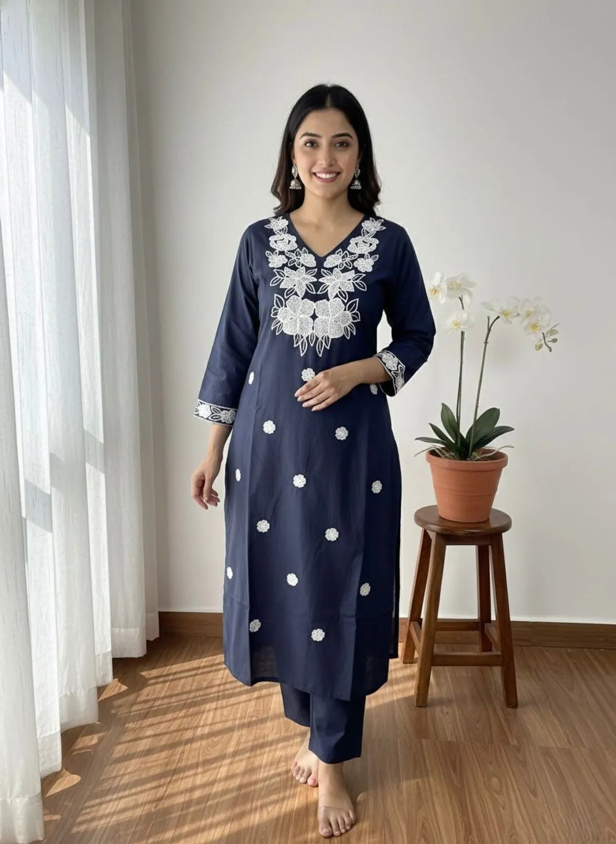 Mustard Khadi Cotton Embroidered Kurta Pant Set for Women