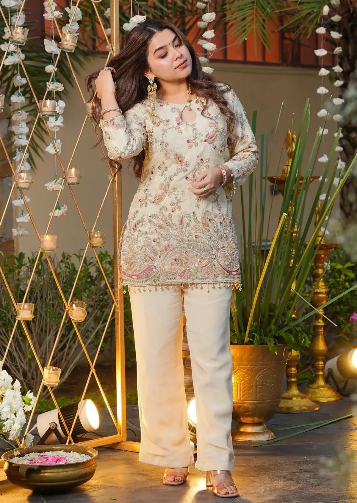 Off White Embroidered French Crepe Co-Ord Set for Women | Premium Designer Kurti & Pants | Festive & Party Wear