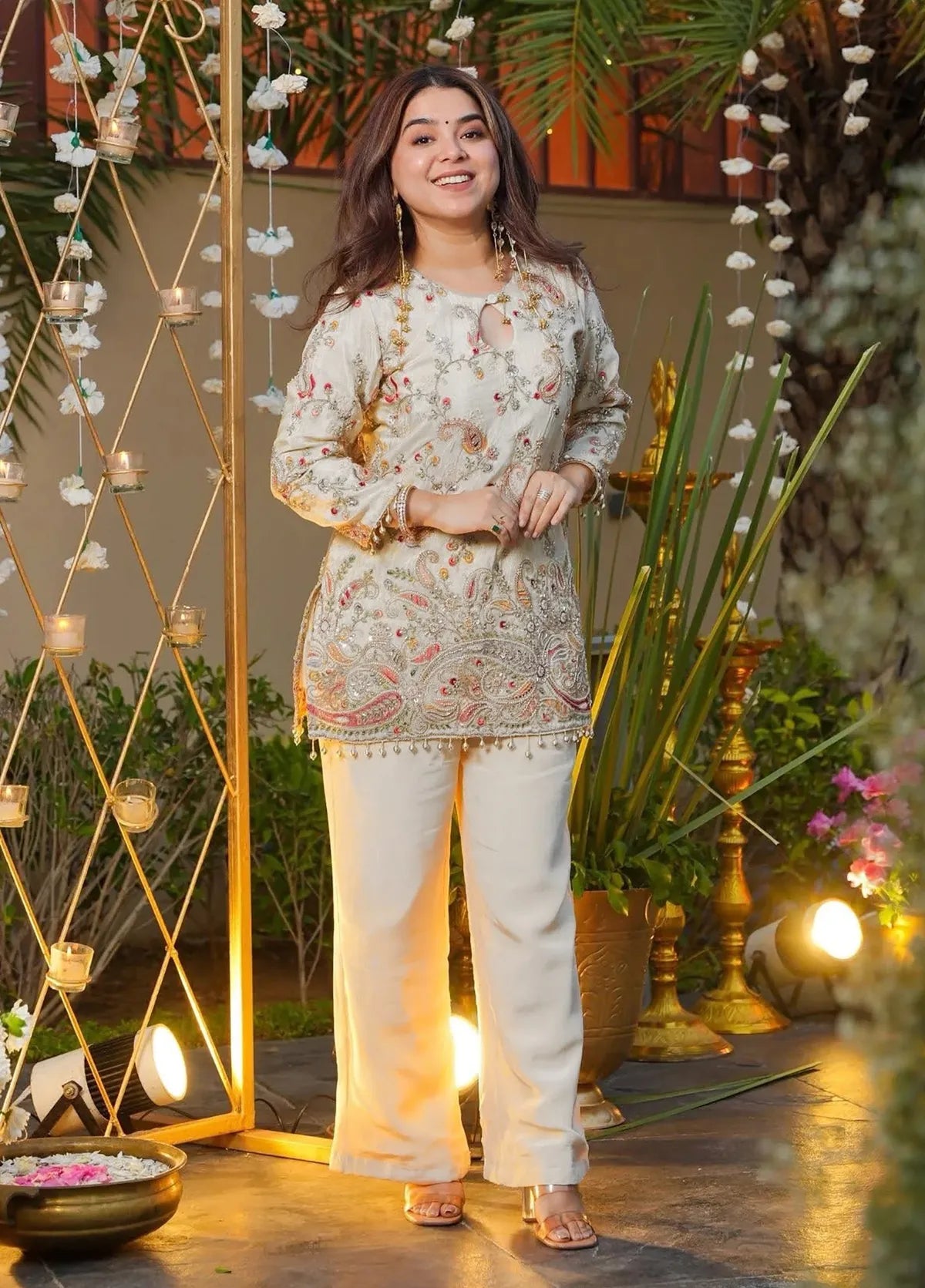 Off White Embroidered French Crepe Co-Ord Set for Women | Premium Designer Kurti & Pants | Festive & Party Wear