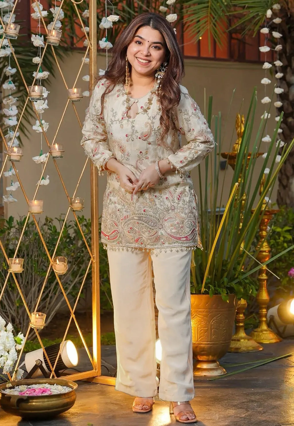 Off White Embroidered French Crepe Co-Ord Set for Women | Premium Designer Kurti & Pants | Festive & Party Wear