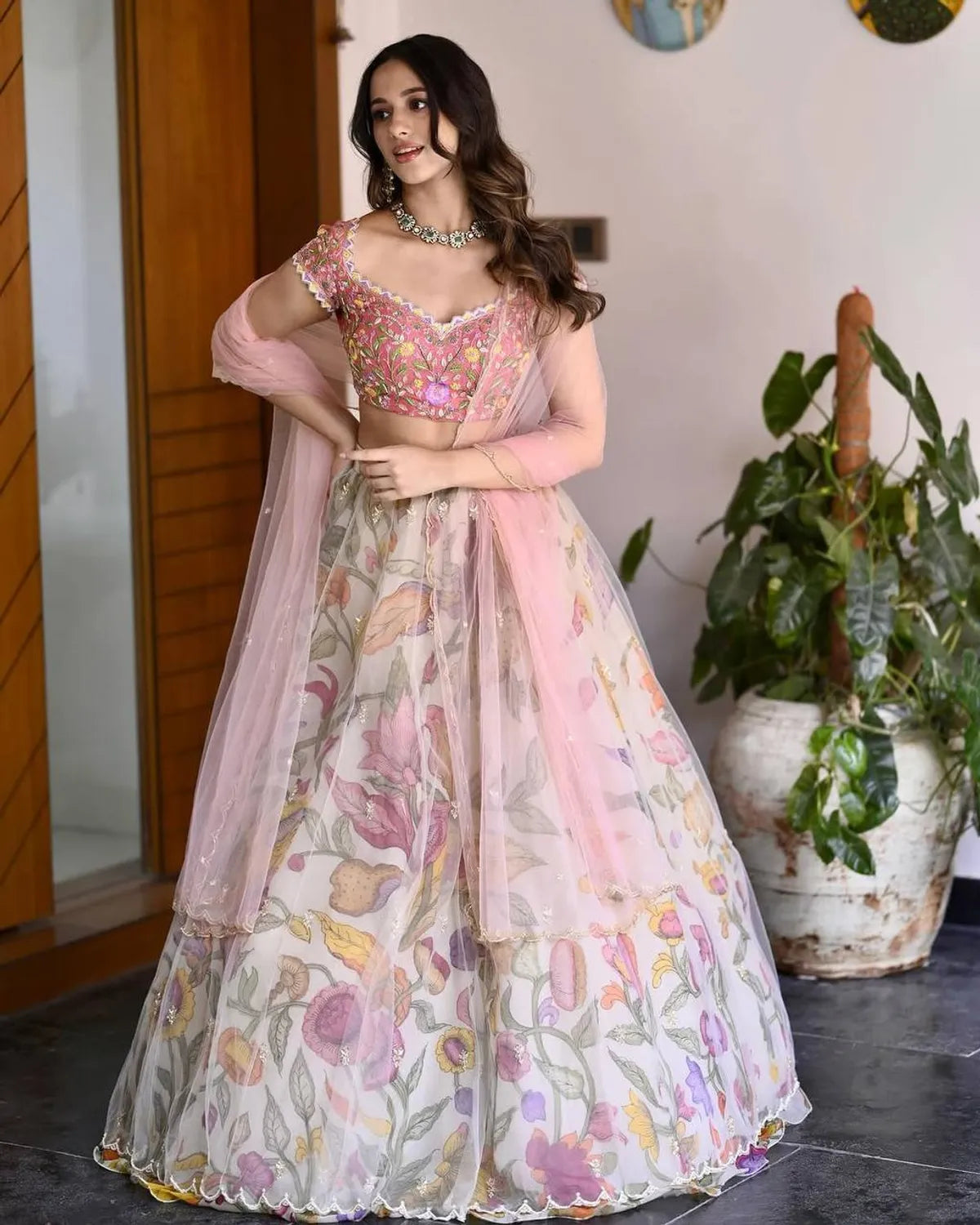 Pastel Floral Chinon Silk Lehenga Choli Set with Soft Net Dupatta for Women