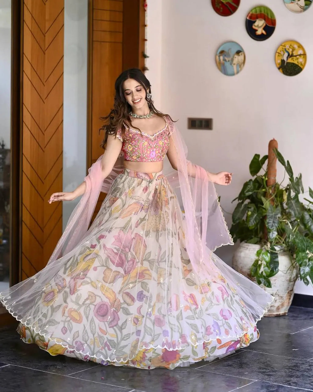 Pastel Floral Chinon Silk Lehenga Choli Set with Soft Net Dupatta for Women
