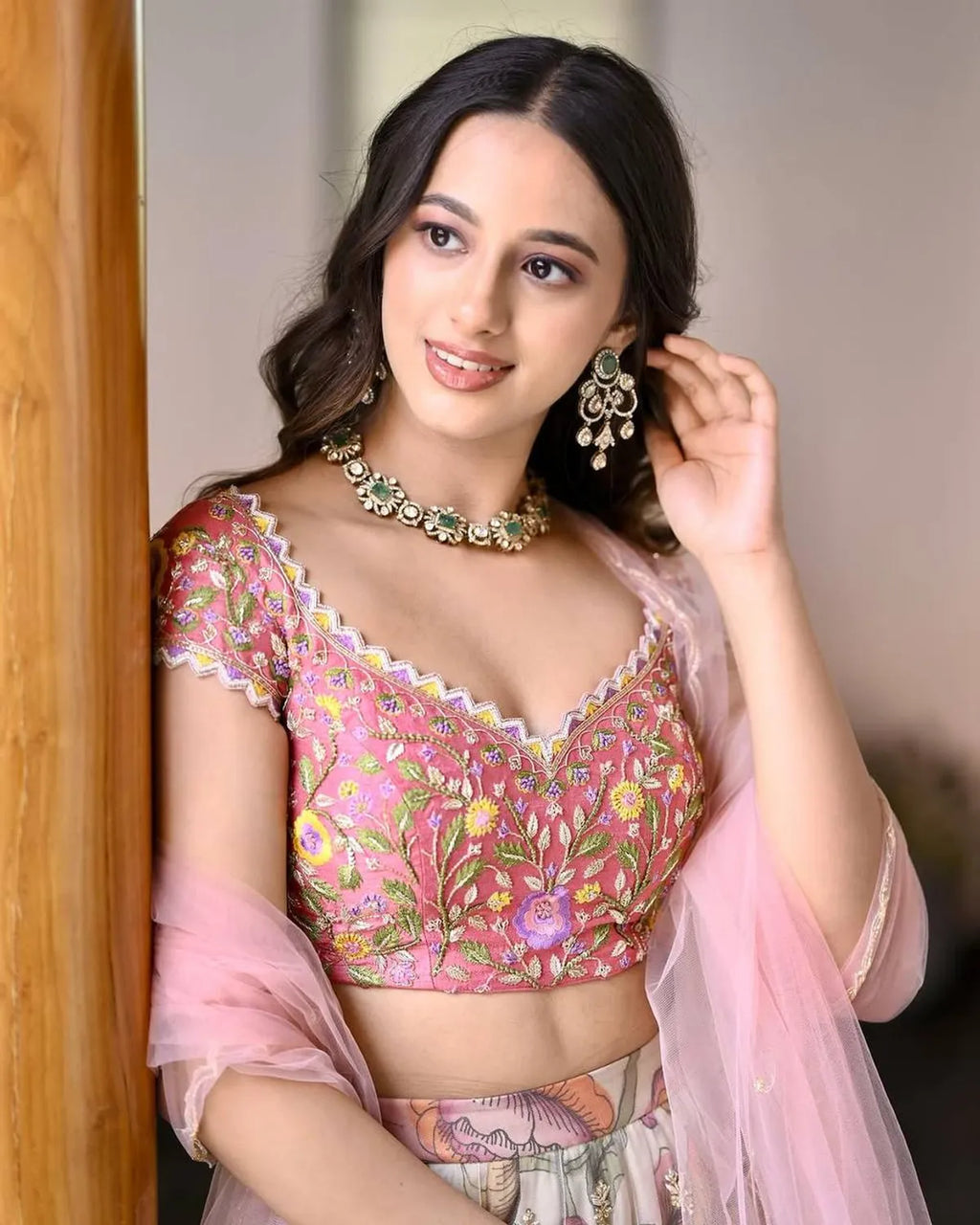 Pastel Floral Chinon Silk Lehenga Choli Set with Soft Net Dupatta for Women