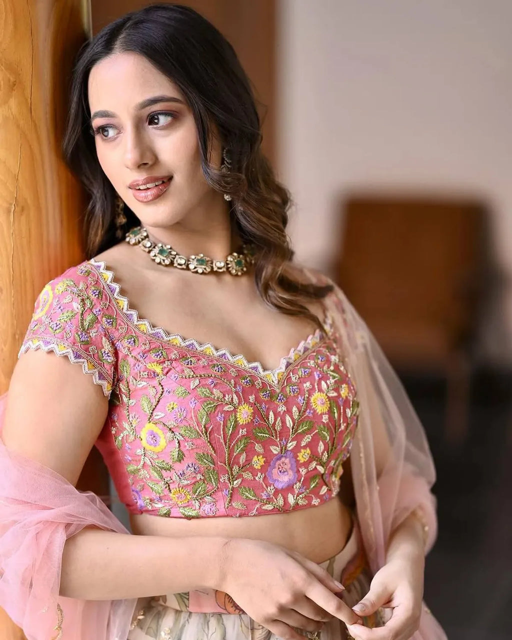 Pastel Floral Chinon Silk Lehenga Choli Set with Soft Net Dupatta for Women
