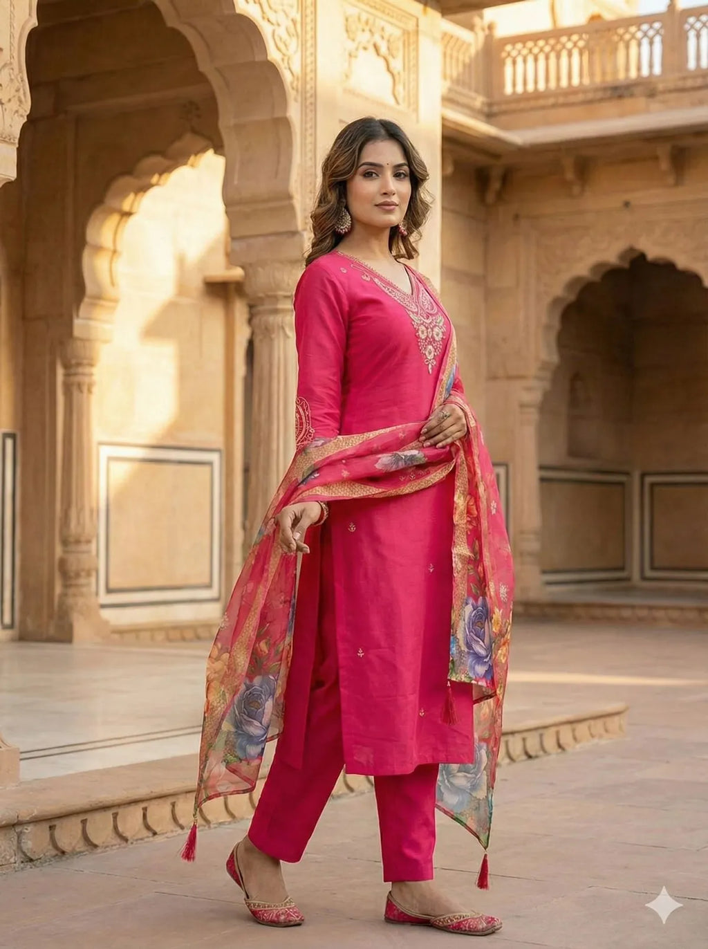 Rust Roman Silk Kurta Pant Set with Floral Chanderi Dupatta | Festive Embroidered Women's Suit Set