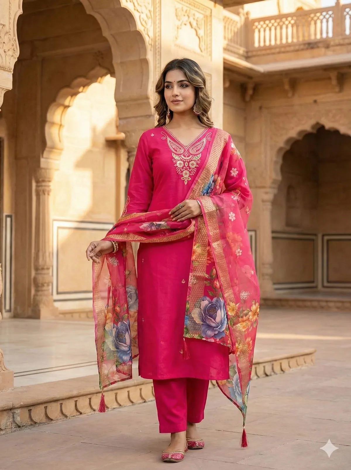 Rust Roman Silk Kurta Pant Set with Floral Chanderi Dupatta | Festive Embroidered Women's Suit Set