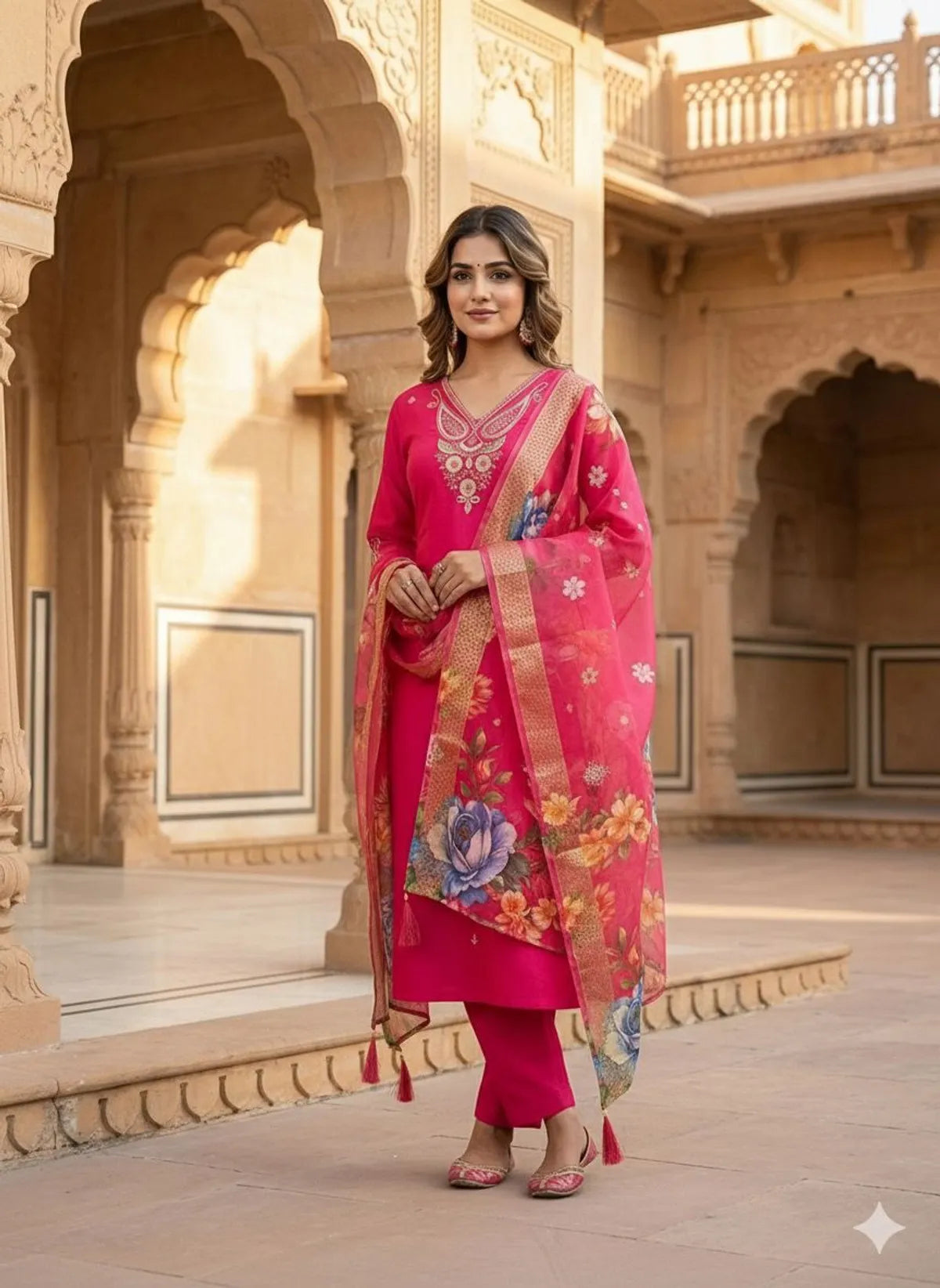 Rust Roman Silk Kurta Pant Set with Floral Chanderi Dupatta | Festive Embroidered Women's Suit Set