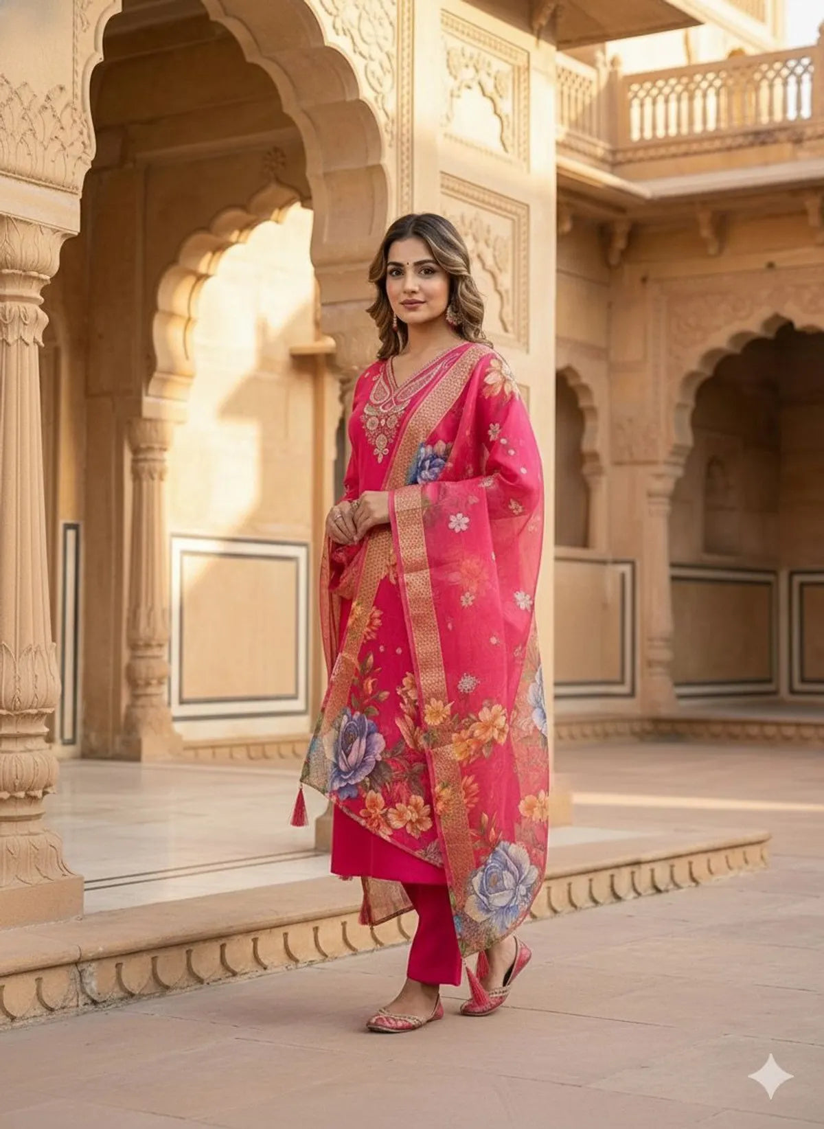 Rust Roman Silk Kurta Pant Set with Floral Chanderi Dupatta | Festive Embroidered Women's Suit Set