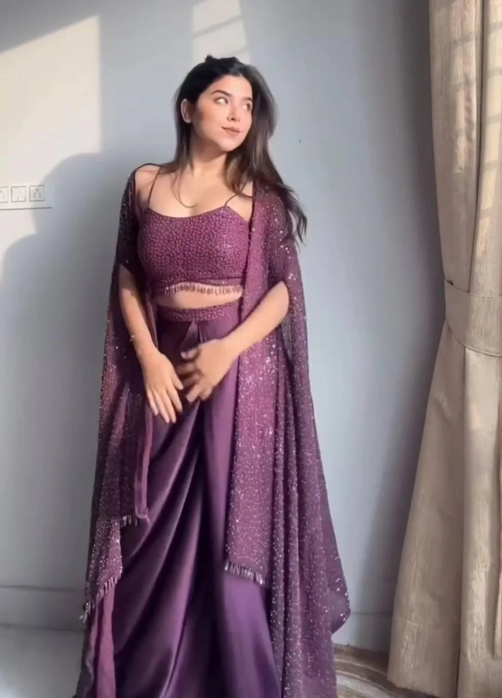 Plum Glam Indo-Western Draped Skirt Set with Sequin Shrug | Designer Party Wear Co-Ord Set for Women